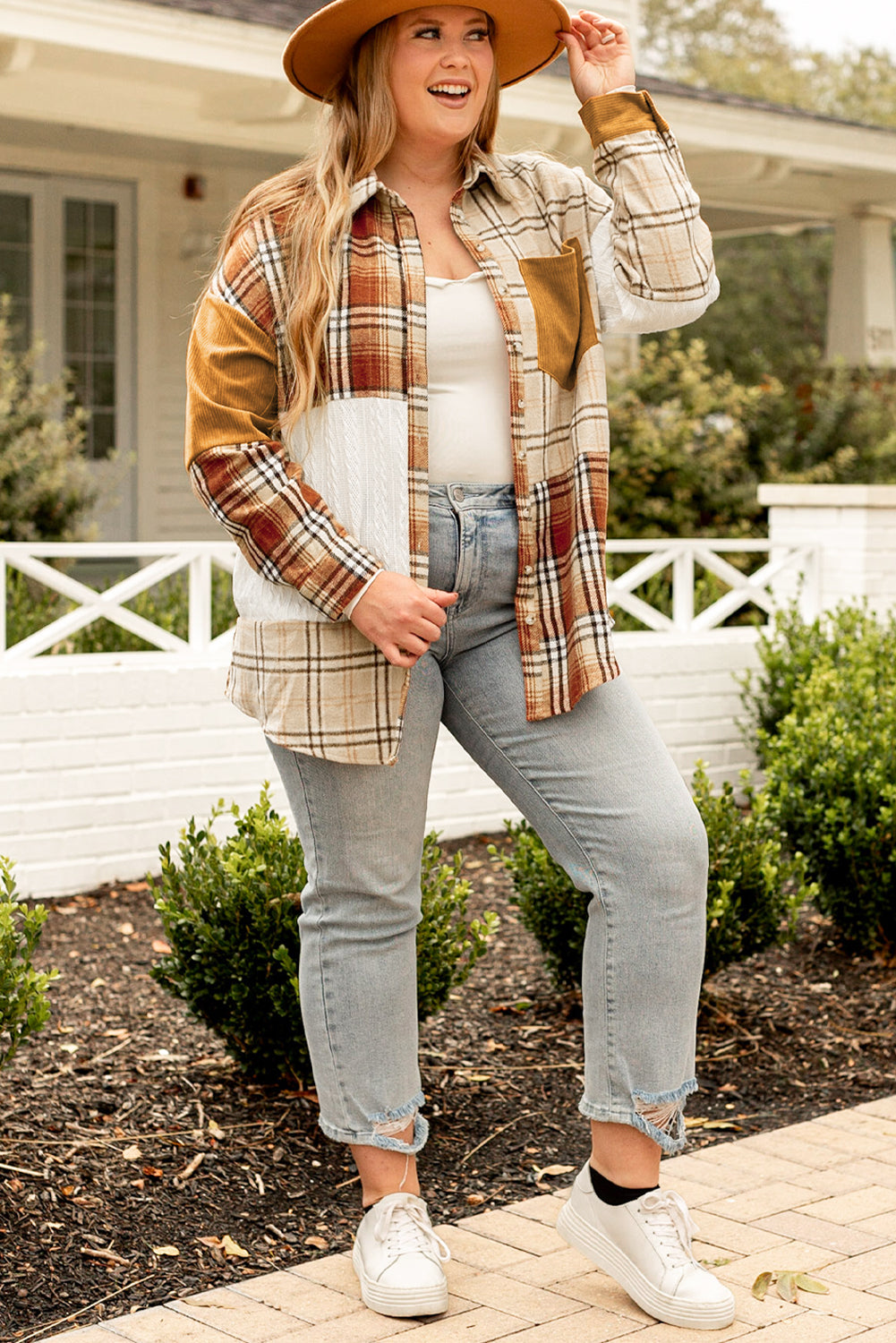 Boho Lane Australia Golden Apricot Plus Size Plaid Patchwork Button up Shacket