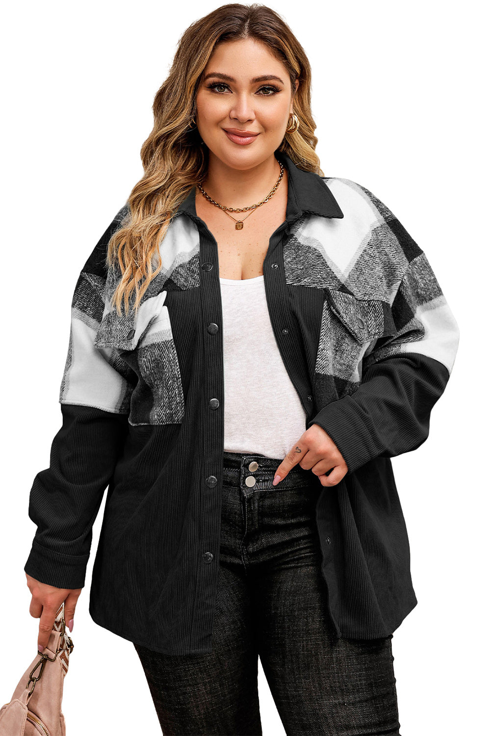 Boho Lane Australia Black Plaid Patchwork Plus Size Corduroy Shacket