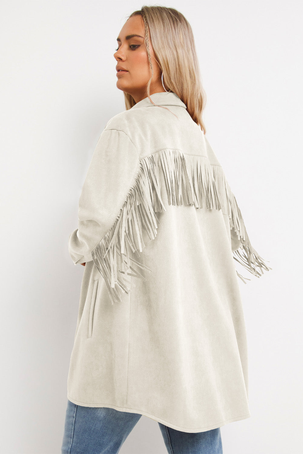 Boho Lane Australia White Fringe Trim Plus Size Suede Shacket