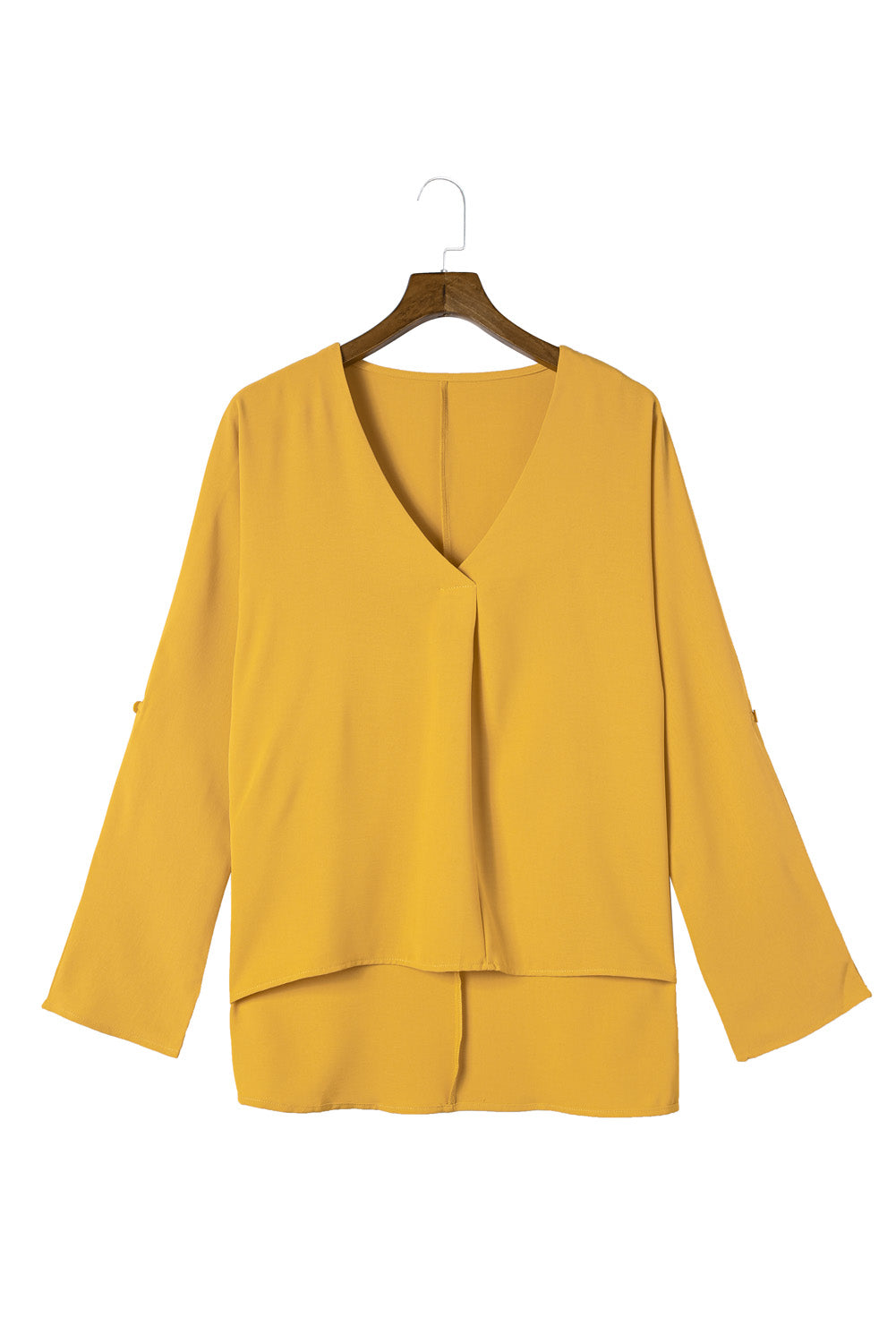 Yellow V Neck 3/4 Sleeve High Low Hem Shirt