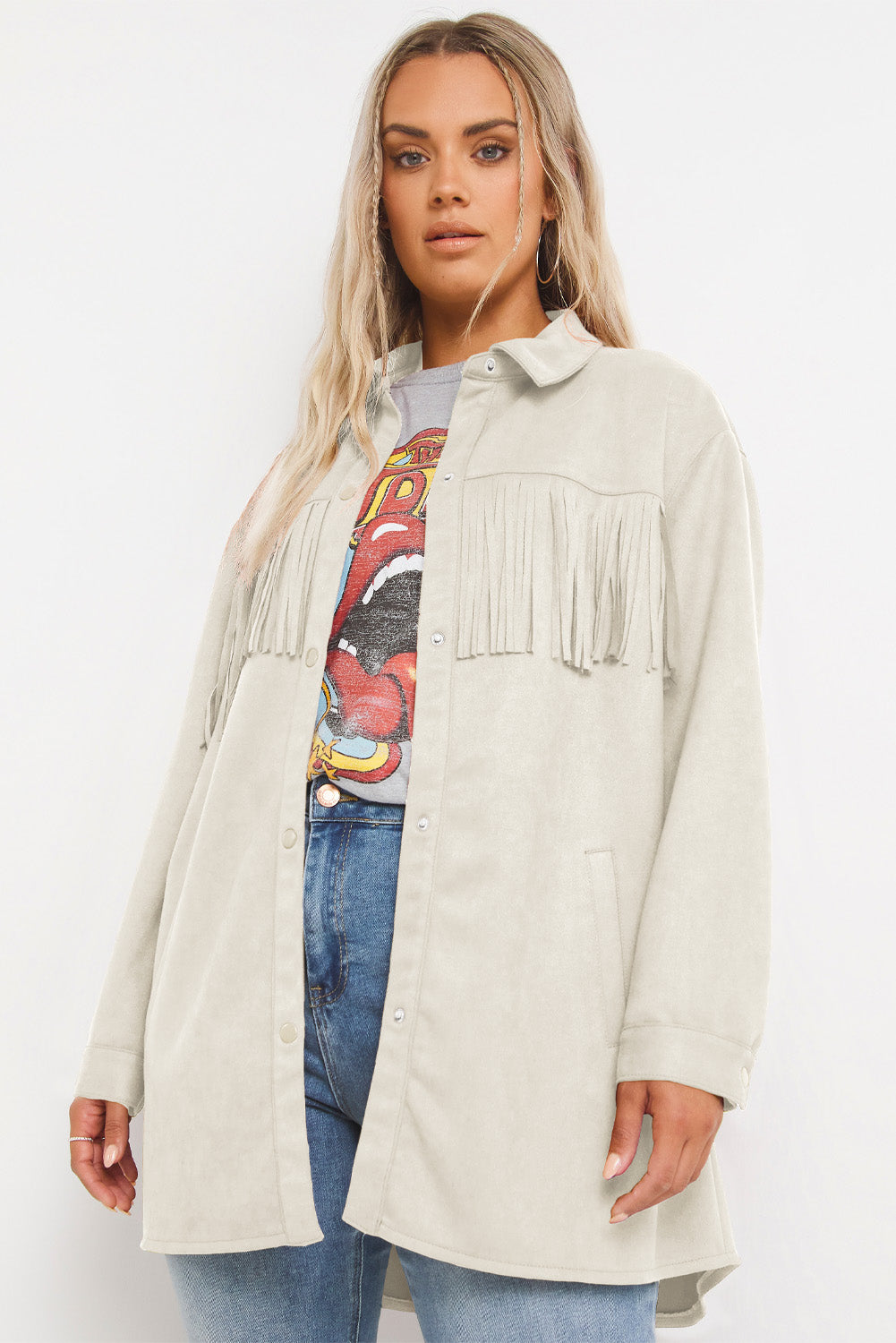 Boho Lane Australia White Fringe Trim Plus Size Suede Shacket