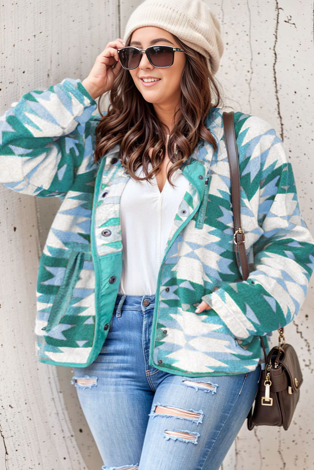 Boho Lane Australia Green Geometric Aztec Pattern Plus Size Fleece Jacket