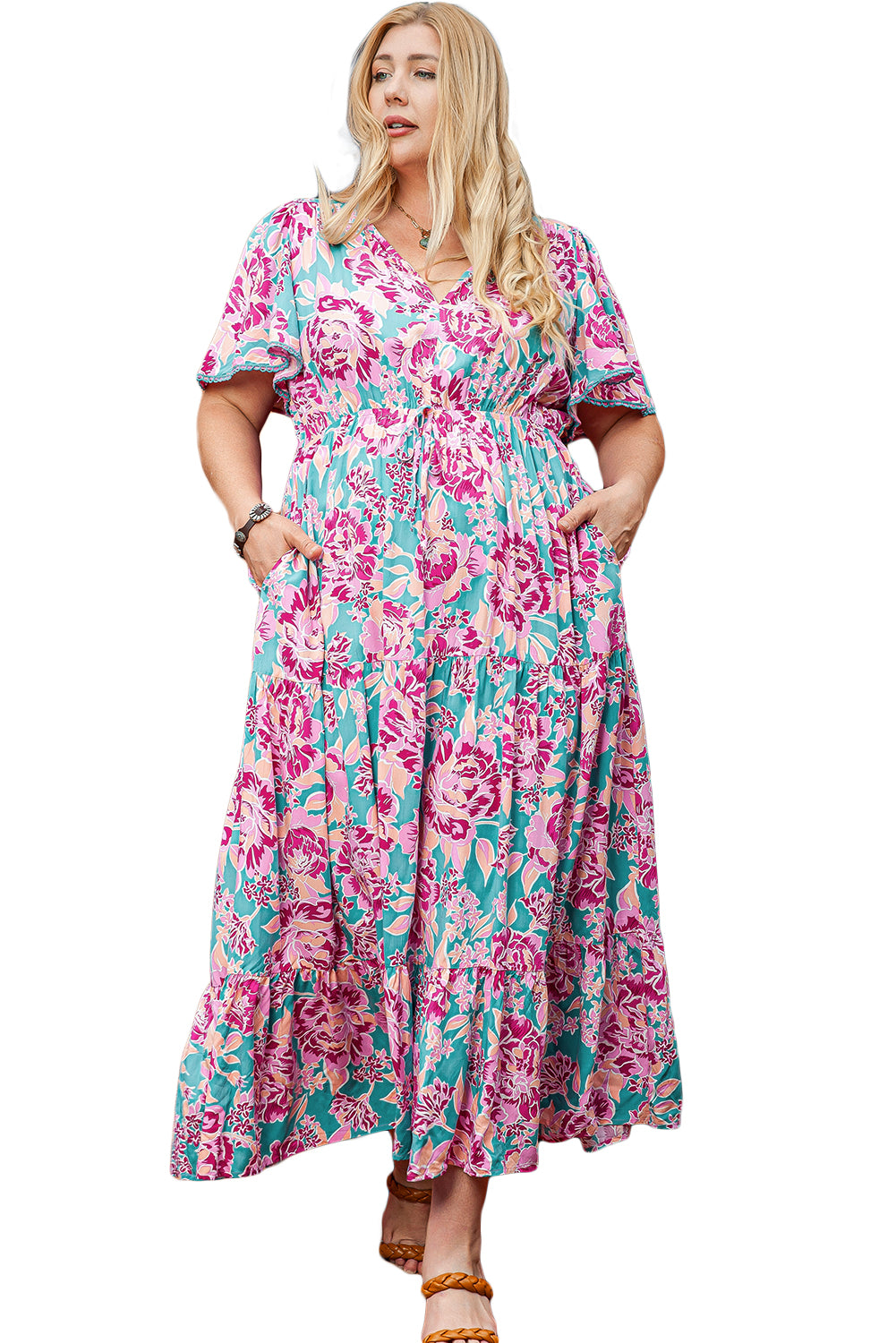 Boho Lane Australia Purple Plus Floral V Neck Flared Short Sleeve Long Dress