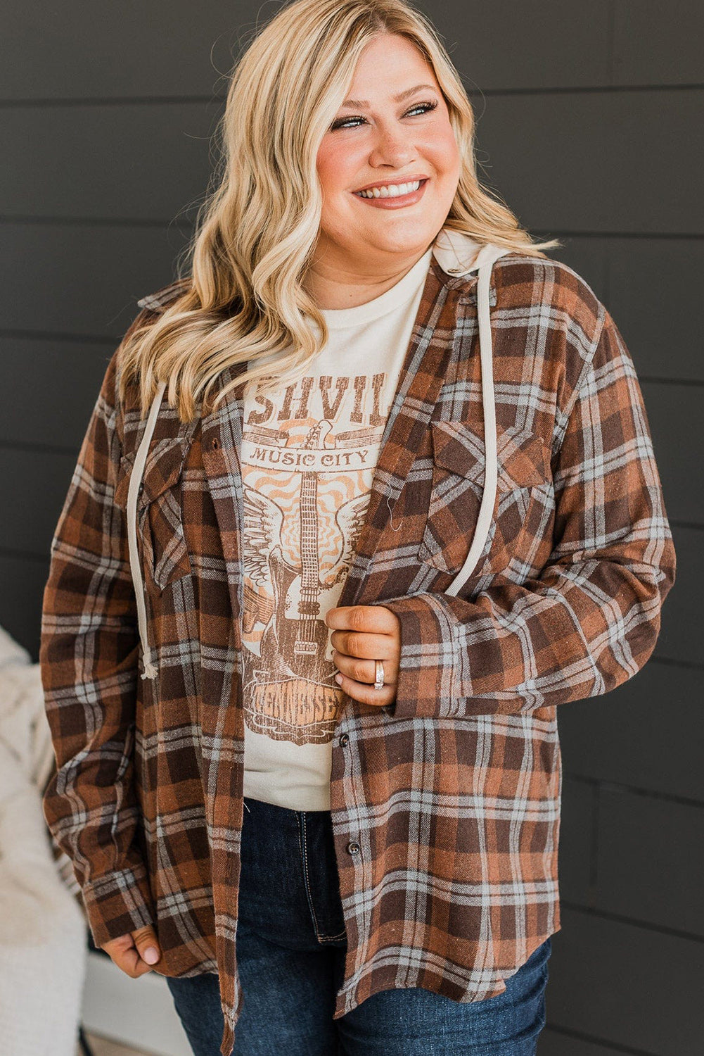 Boho Lane Australia Brown Plus Size Plaid Contrast Button up Hooded Jacket