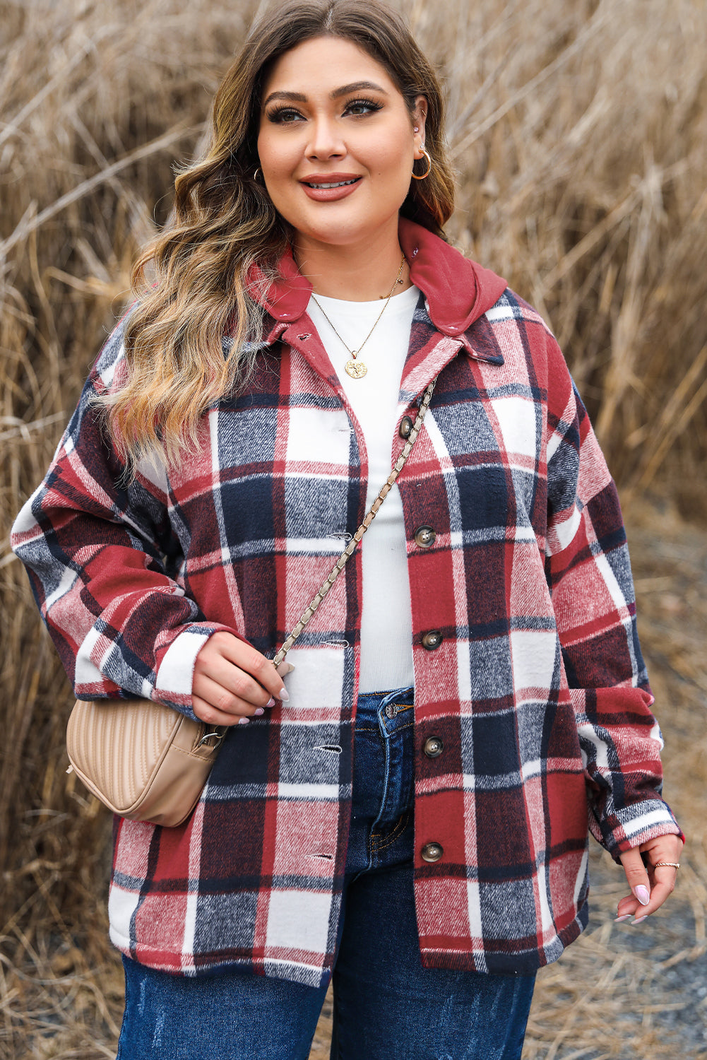 Boho Lane Australia Red Printed Plus Size Plaid Button up Hooded Jacket