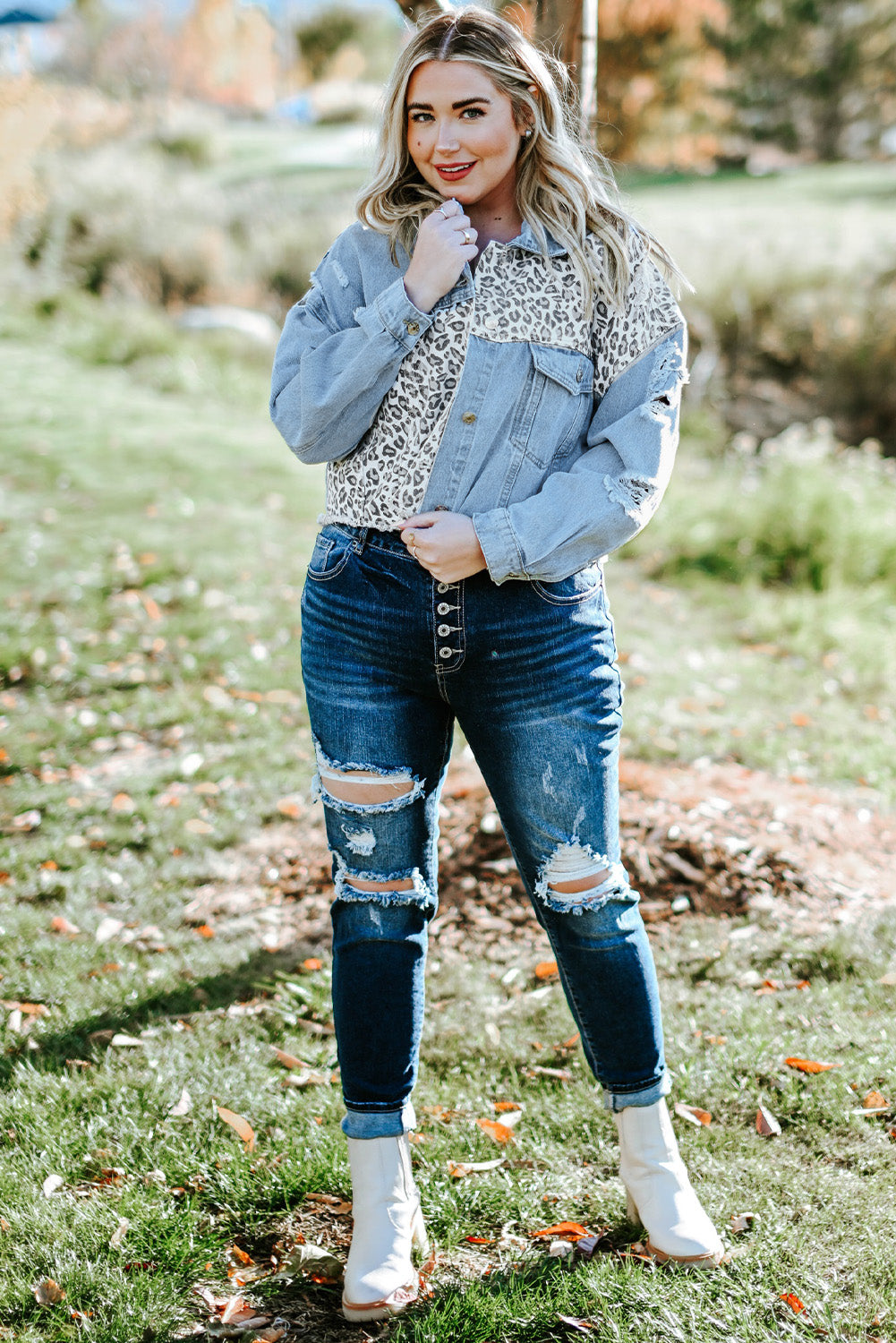 Boho Lane Australia Blue Plus Size Leopard Ripped Cropped Denim Jacket