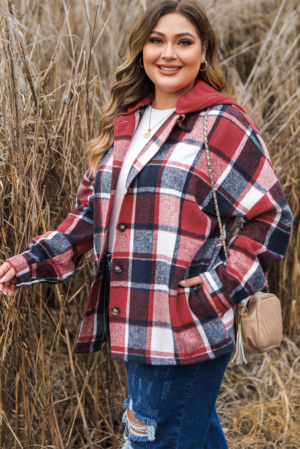 Boho Lane Australia Red Printed Plus Size Plaid Button up Hooded Jacket