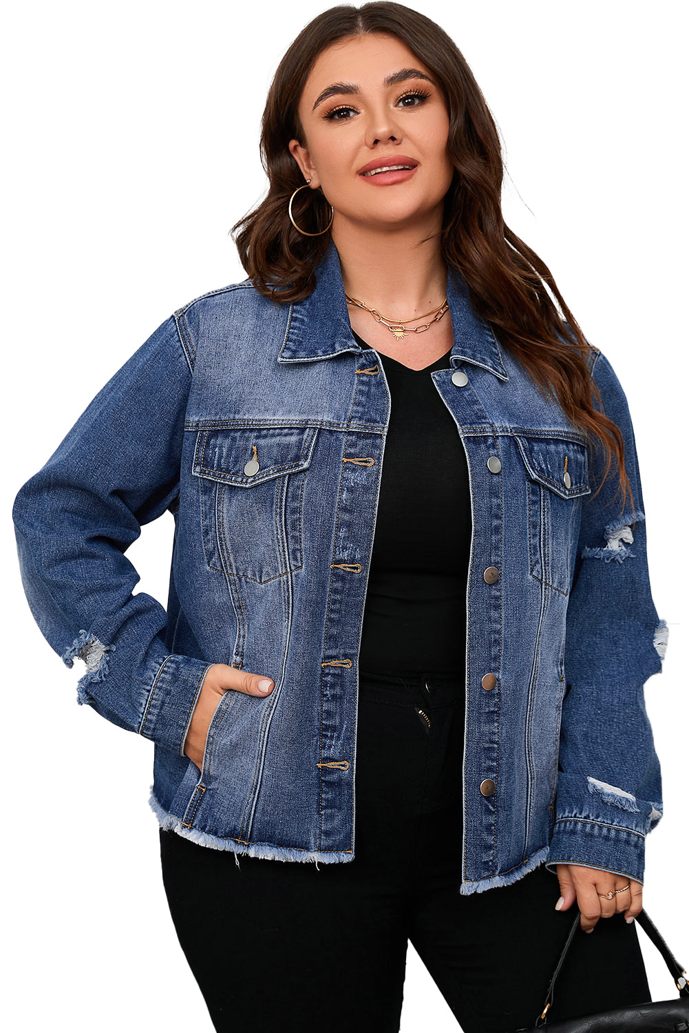 Boho Lane Australia Dark Blue Plus Size Distressed Flap Pocket Denim Jacket