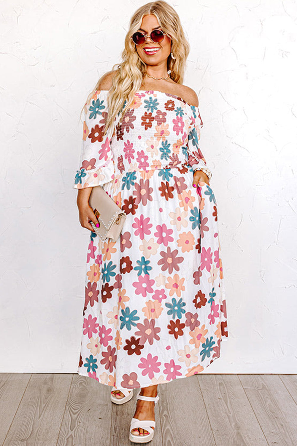 Boho Lane Australia White Plus Size Flower Print Smocked Off Shoulder Dress