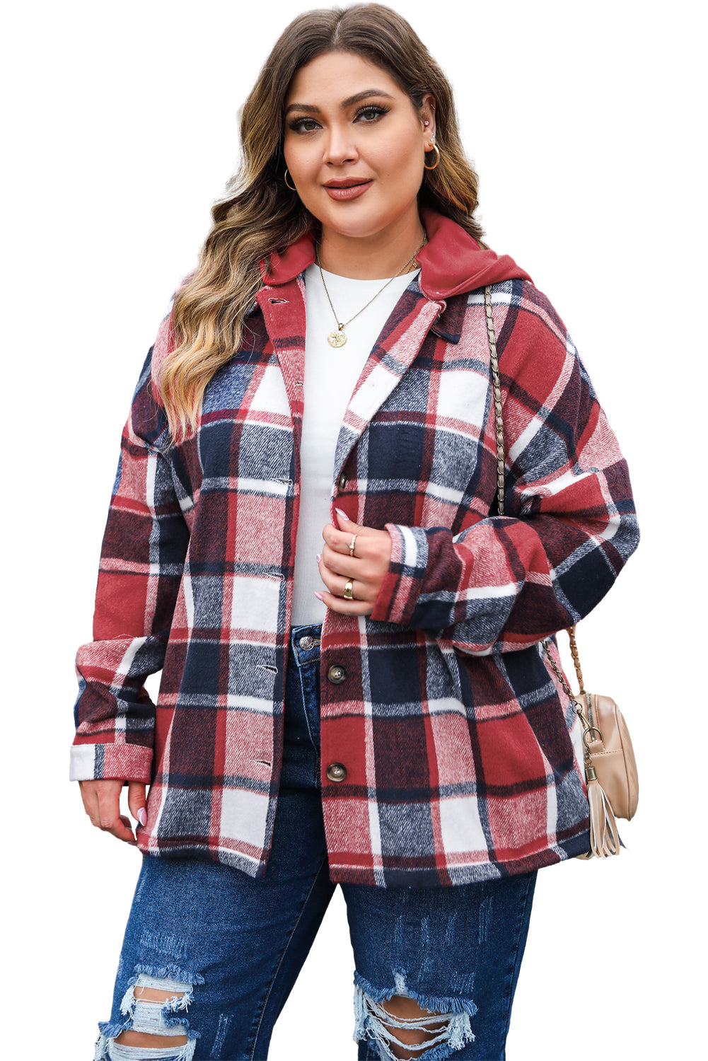 Boho Lane Australia Red Printed Plus Size Plaid Button up Hooded Jacket