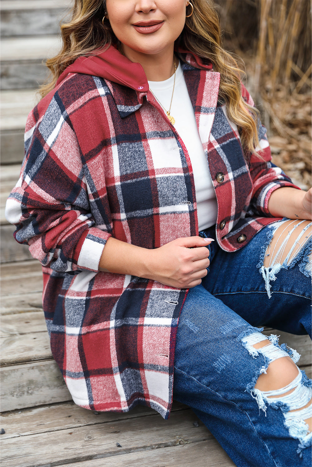 Boho Lane Australia Red Printed Plus Size Plaid Button up Hooded Jacket