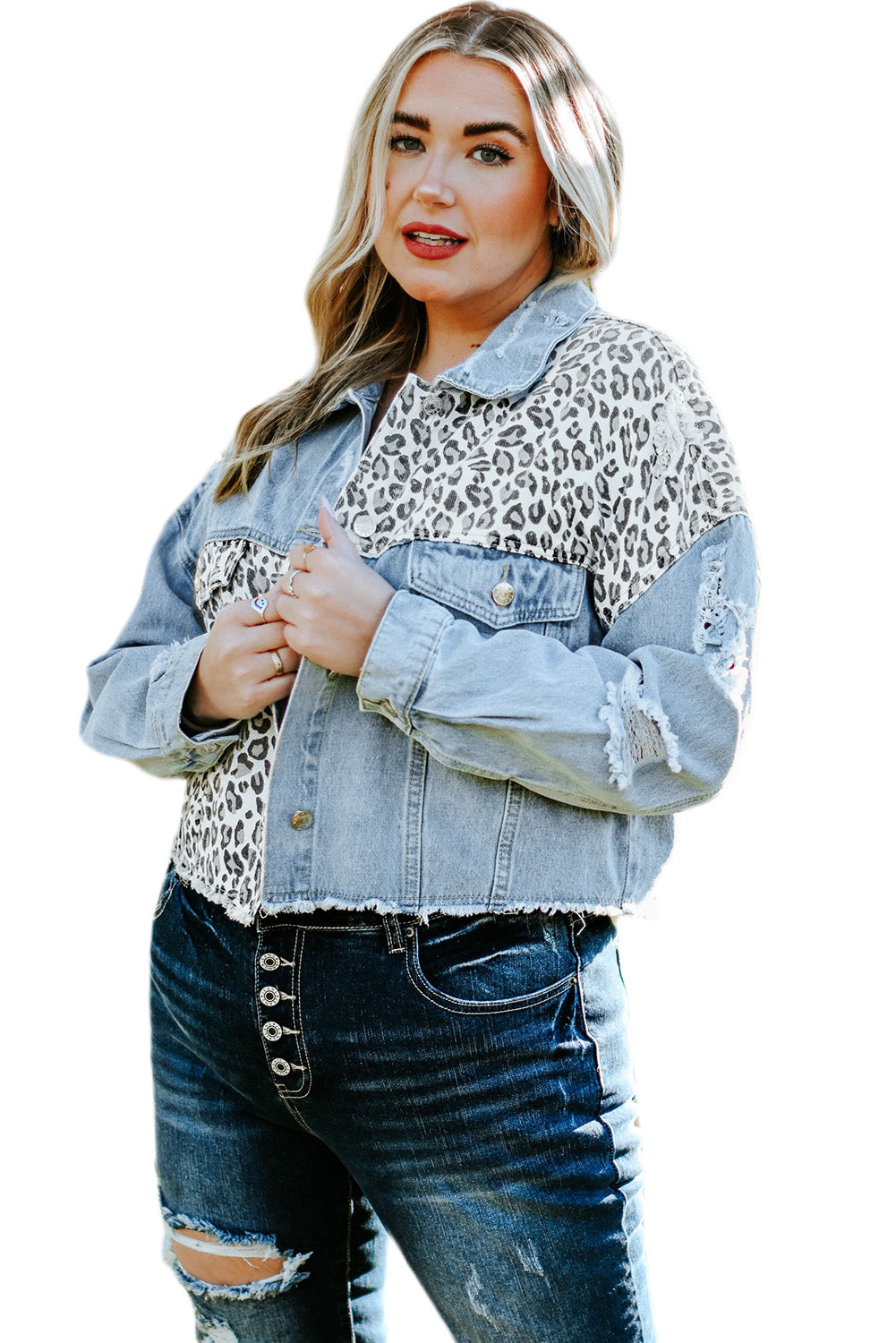 Boho Lane Australia Blue Plus Size Leopard Ripped Cropped Denim Jacket