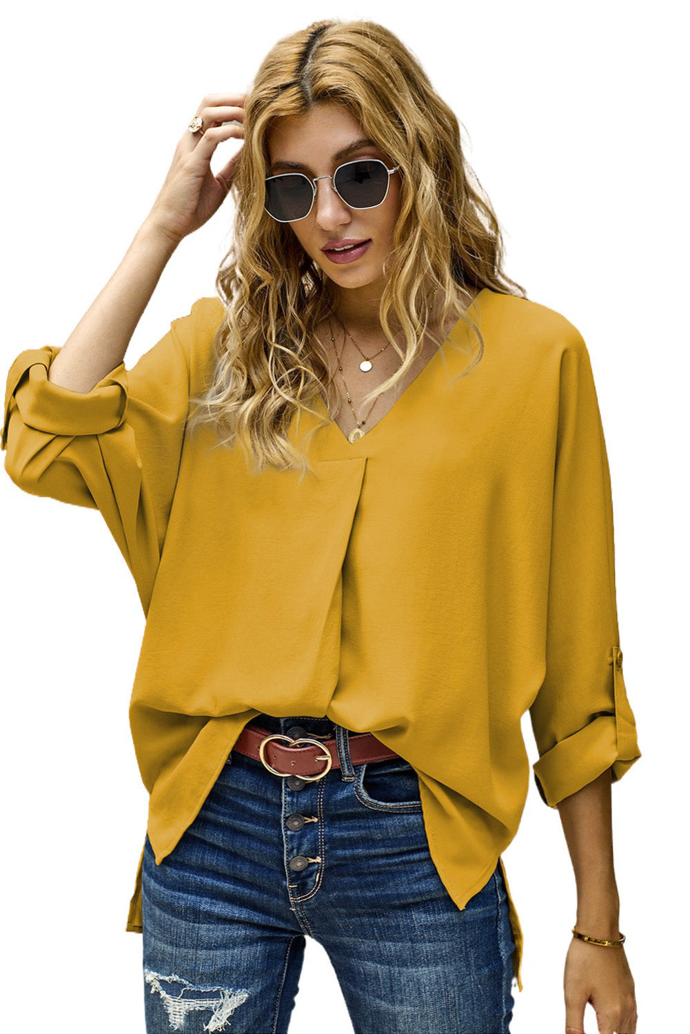 Yellow V Neck 3/4 Sleeve High Low Hem Shirt