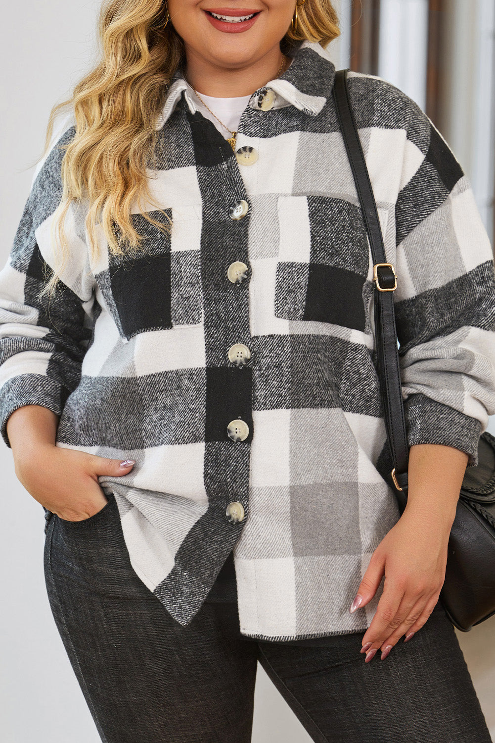 Boho Lane Australia Gray Plus Size Checkered Button-Up Shacket