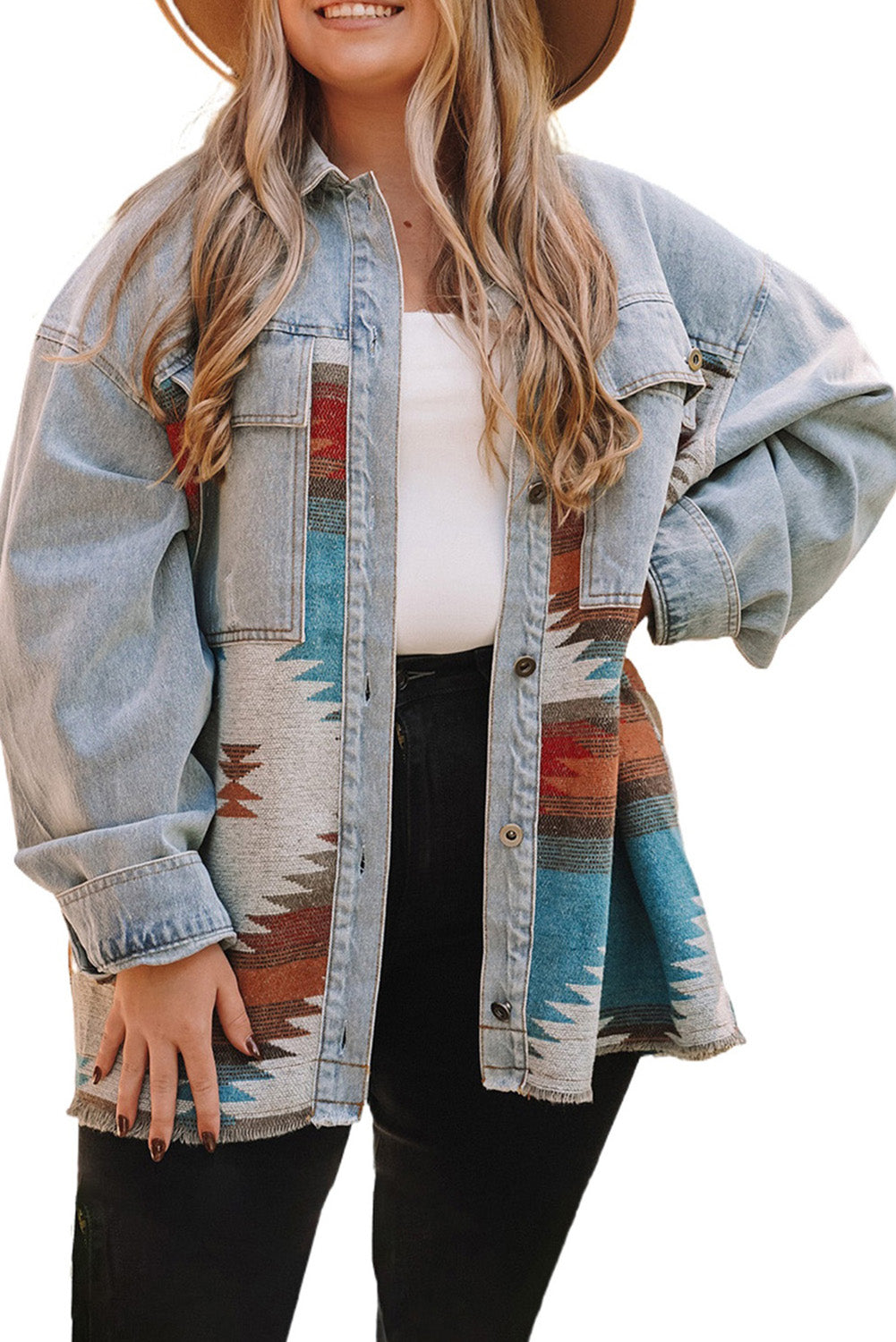 Boho Lane Australia Sky Blue Plus Size Denim Aztec Jacket