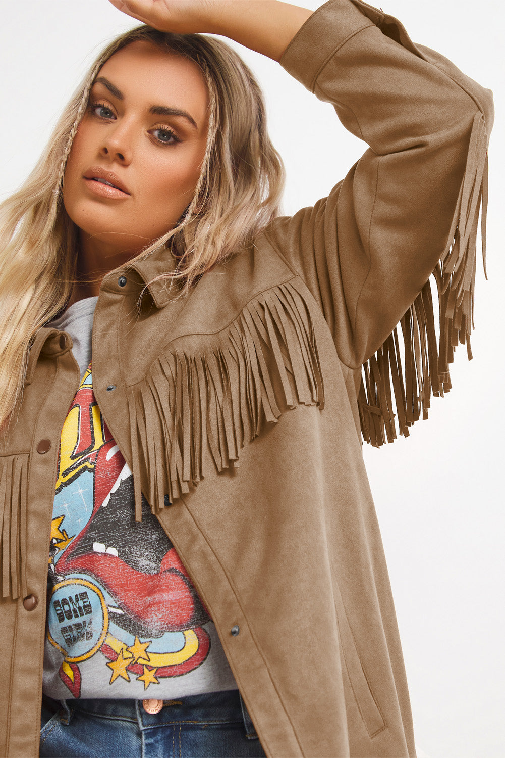 Boho Lane Australia Khaki Fringe Trim Plus Size Suede Shacket