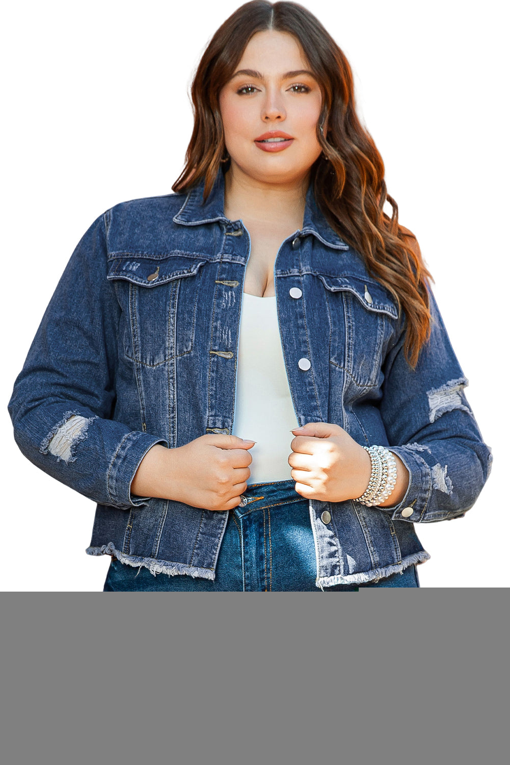 Boho Lane Australia Dark Blue Plus Size Distressed Flap Pocket Denim Jacket