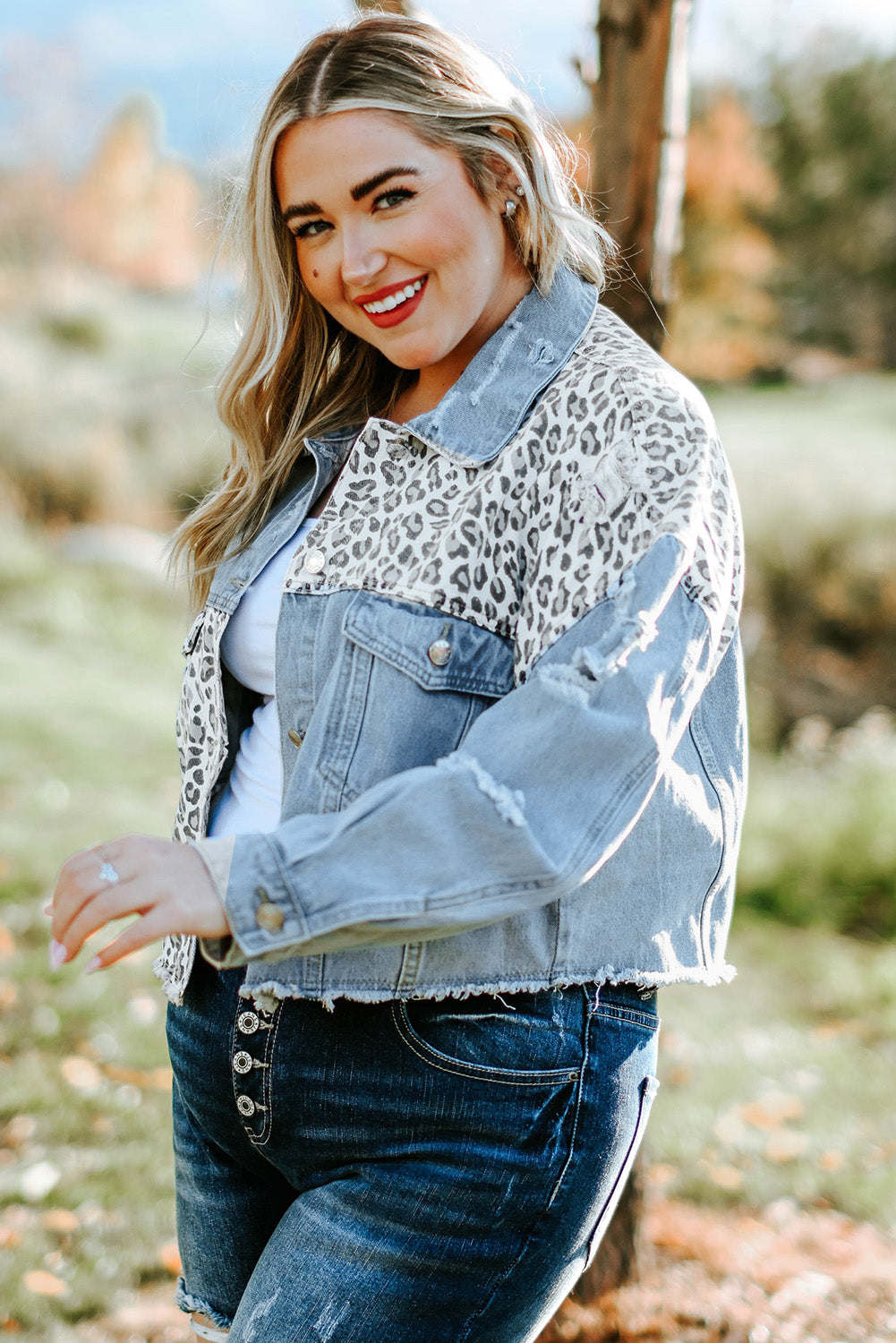 Boho Lane Australia Blue Plus Size Leopard Ripped Cropped Denim Jacket