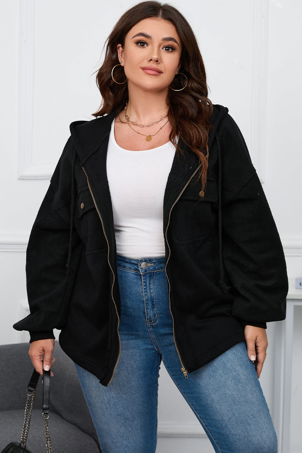 Boho Lane Australia Black Plus Size Bishop Sleeve Zip Up Hooded Jacket