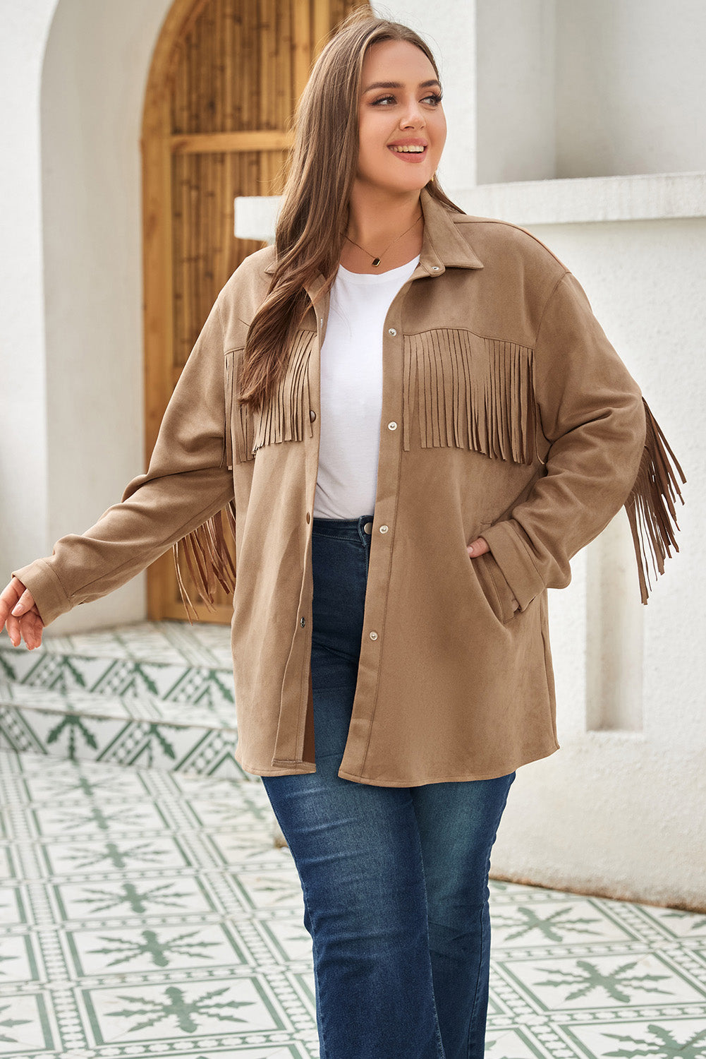 Boho Lane Australia Khaki Fringe Trim Plus Size Suede Shacket