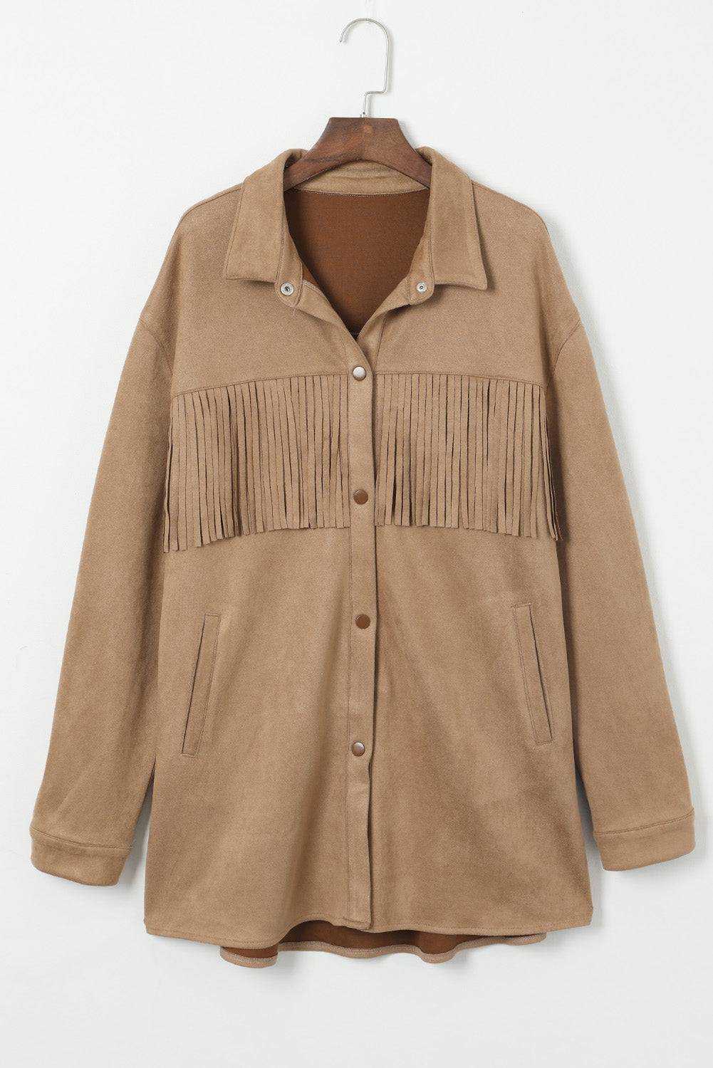 Boho Lane Australia Khaki Fringe Trim Plus Size Suede Shacket