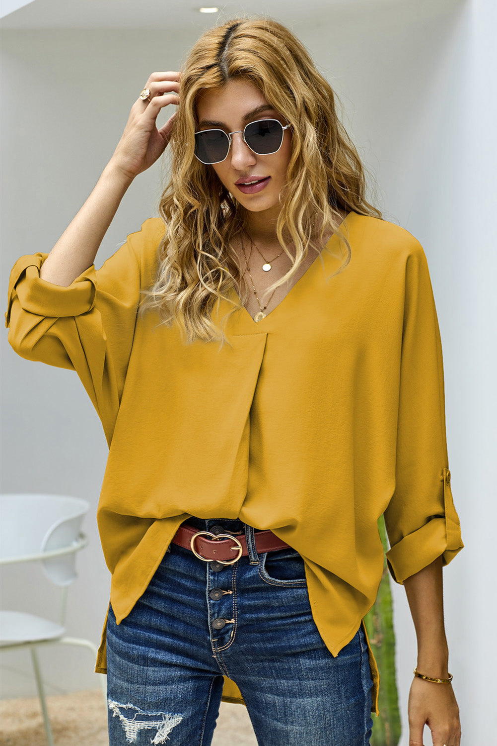 Yellow V Neck 3/4 Sleeve High Low Hem Shirt