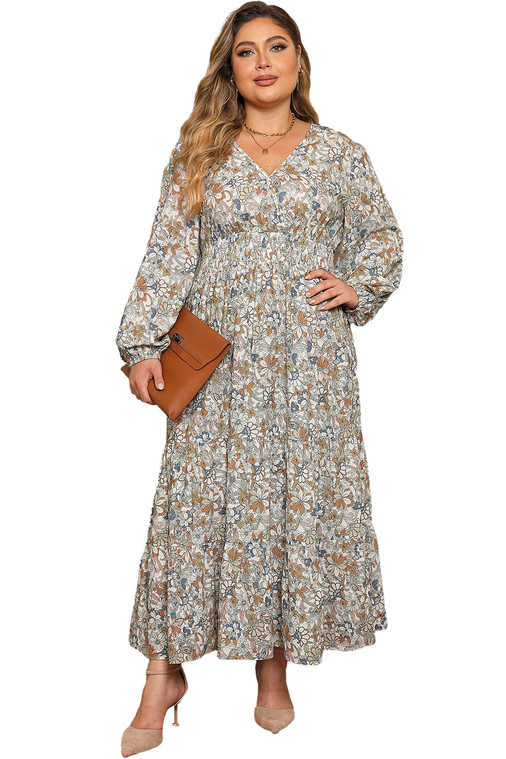 Boho Lane Australia Multicolor Plus Size Floral Puff Sleeve Surplice Ruffled Dress