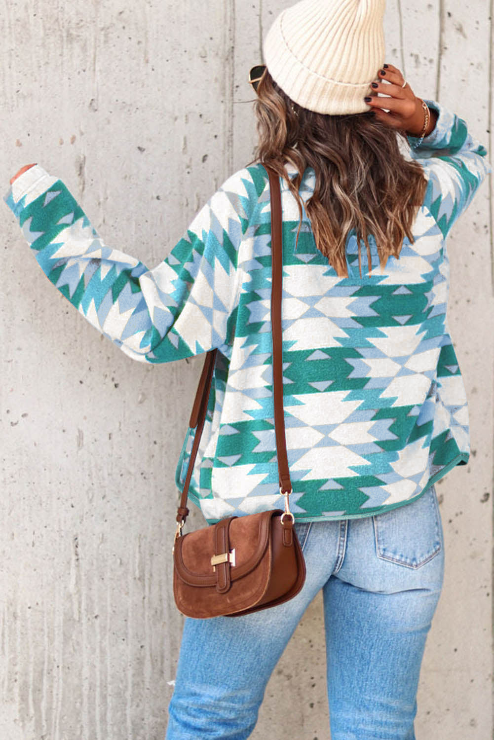 Boho Lane Australia Green Geometric Aztec Pattern Plus Size Fleece Jacket