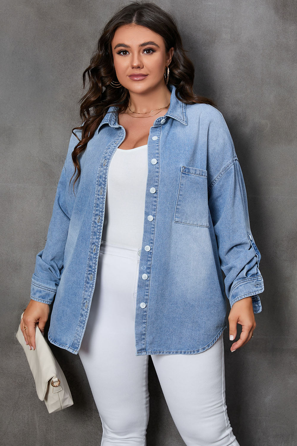 Boho Lane Australia Sky Blue Plus Size Chest Pocket Button-Up Denim Shacket