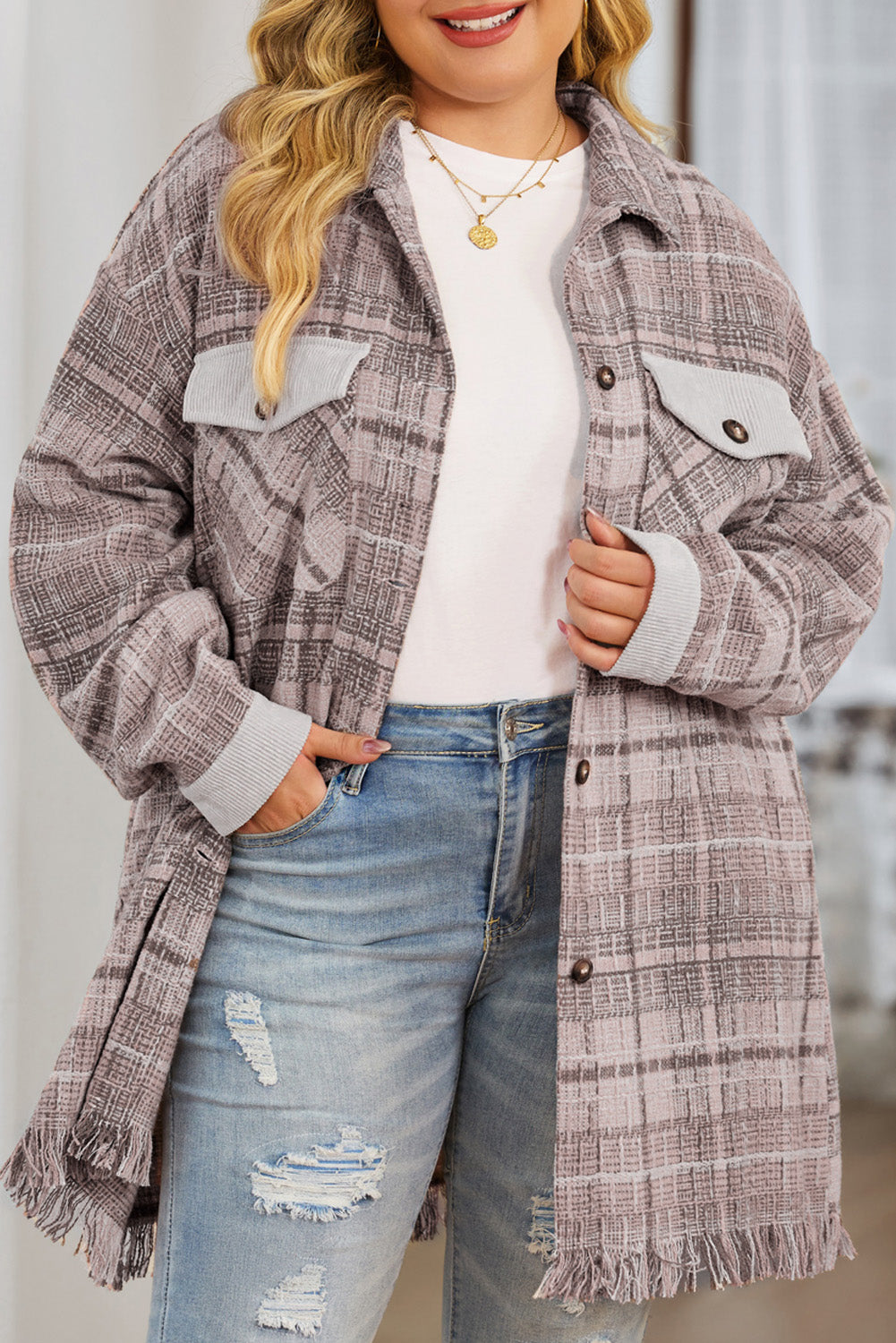 Boho Lane Australia Pink Plus Size Macrame Plaid Coat