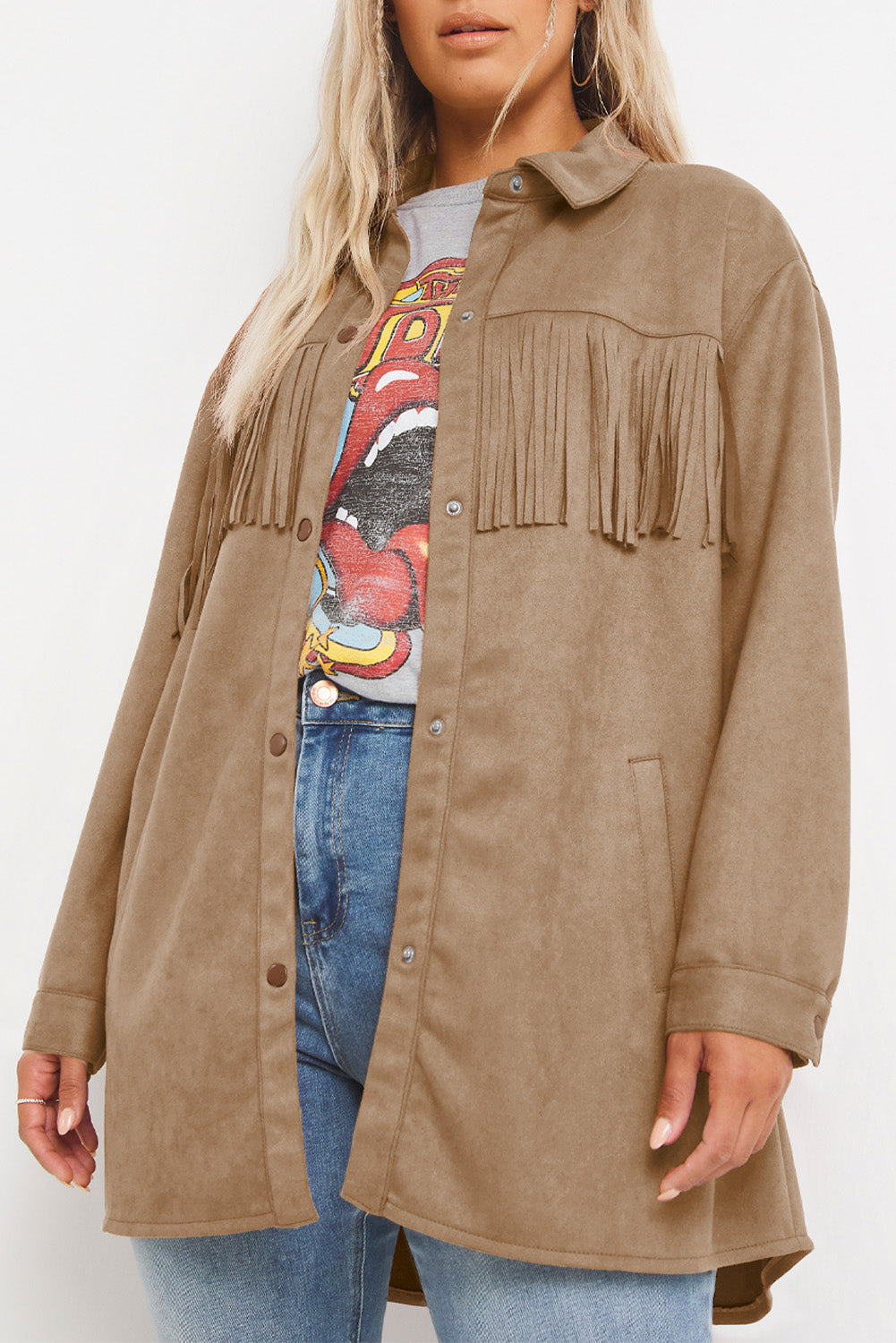 Boho Lane Australia Khaki Fringe Trim Plus Size Suede Shacket