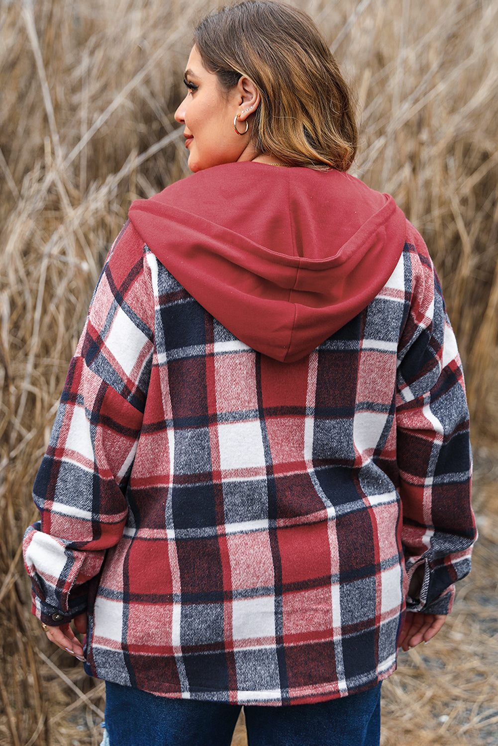 Boho Lane Australia Red Printed Plus Size Plaid Button up Hooded Jacket