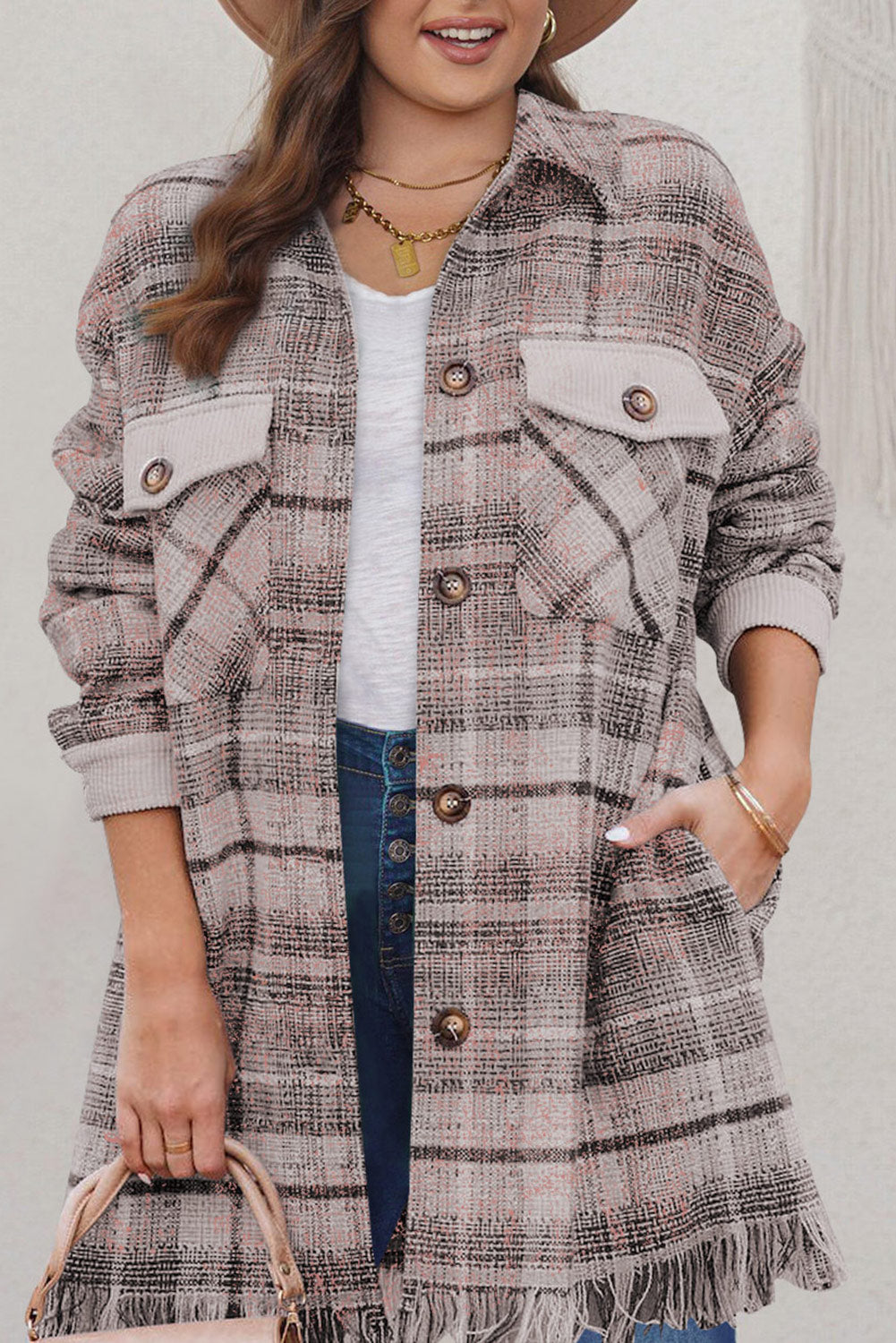 Boho Lane Australia Pink Plus Size Macrame Plaid Coat