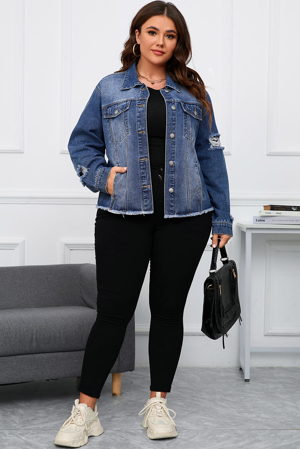 Boho Lane Australia Dark Blue Plus Size Distressed Flap Pocket Denim Jacket