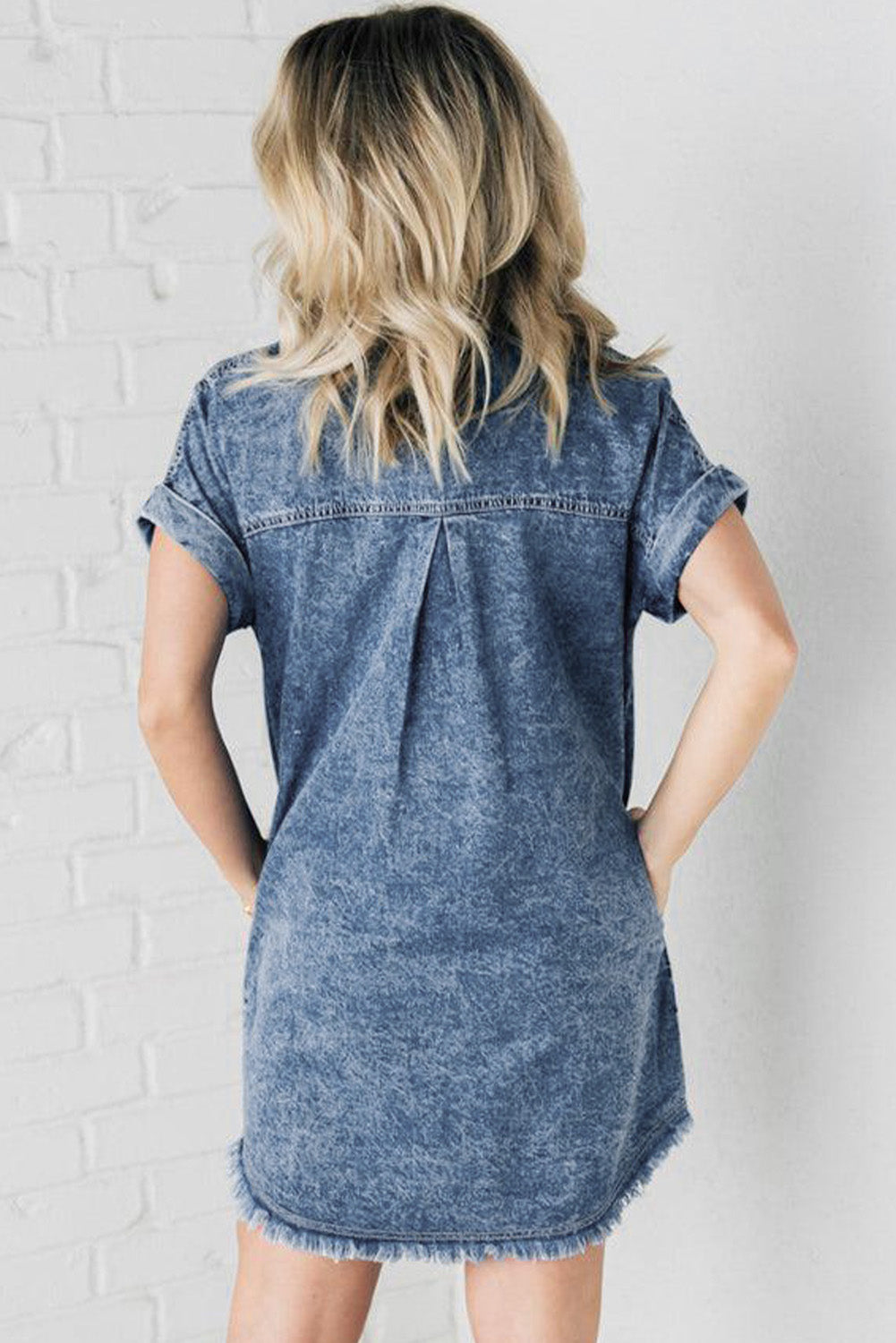 Blue Mineral Wash Cuffed Sleeve Frayed Hem Denim Dress