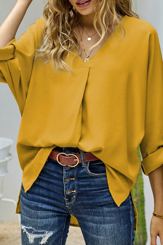 Yellow V Neck 3/4 Sleeve High Low Hem Shirt