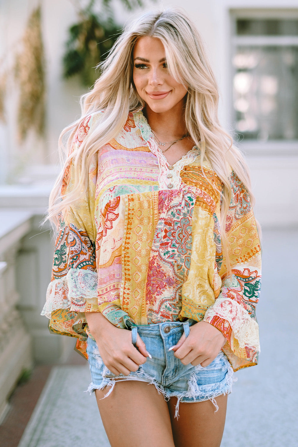 Multicolor Paisley Print Bell Sleeve Lace V-Neck Button Sheer Blouse