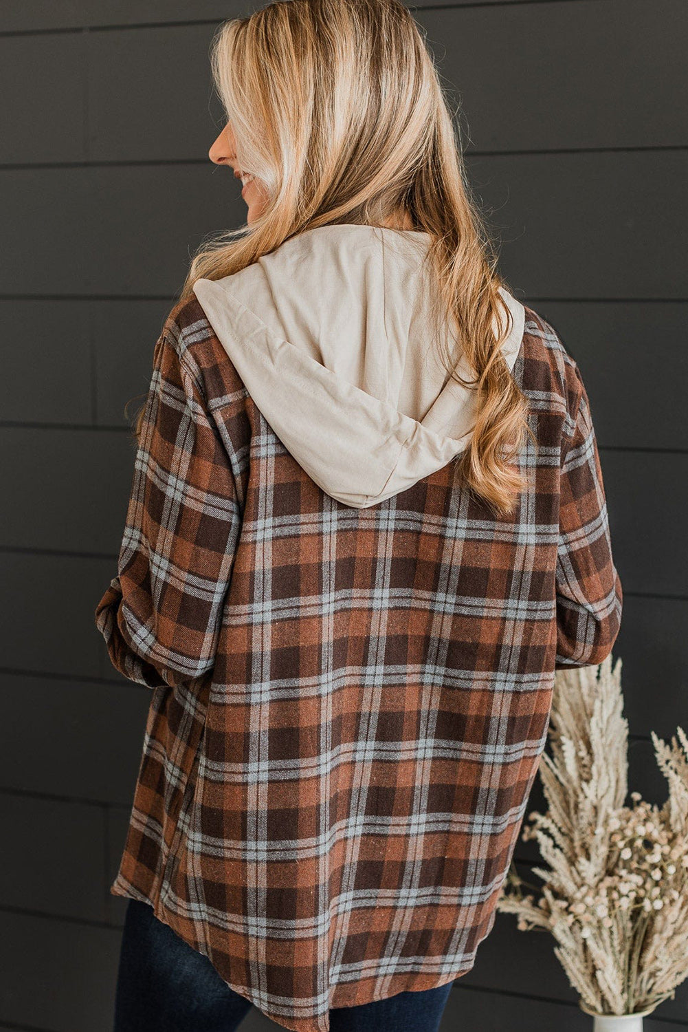 Boho Lane Australia Brown Plus Size Plaid Contrast Button up Hooded Jacket