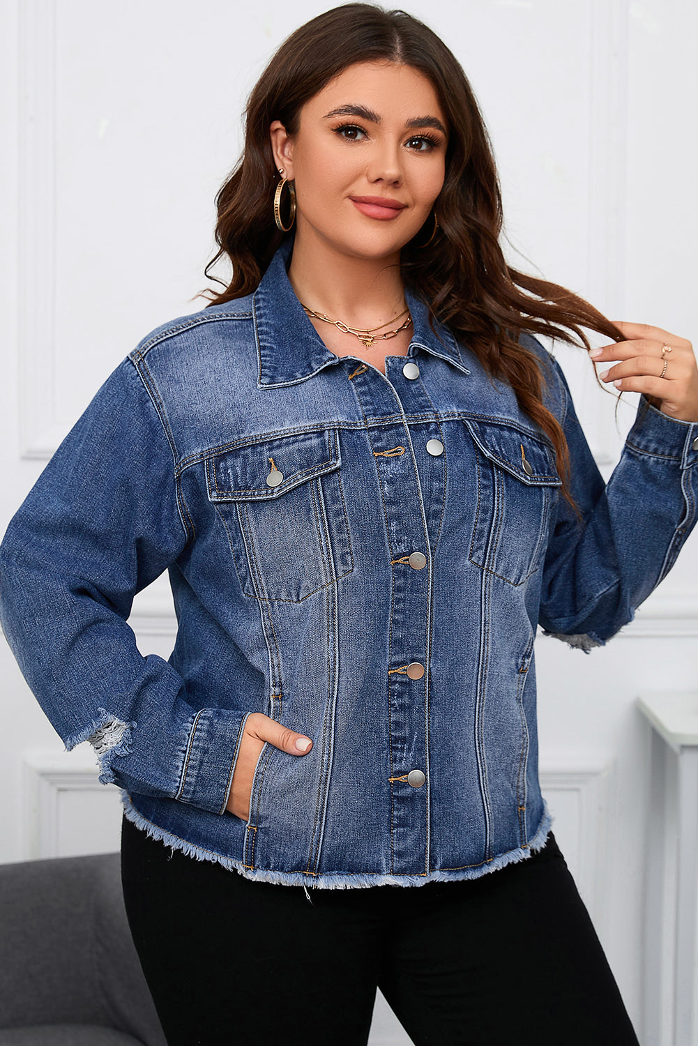 Boho Lane Australia Dark Blue Plus Size Distressed Flap Pocket Denim Jacket