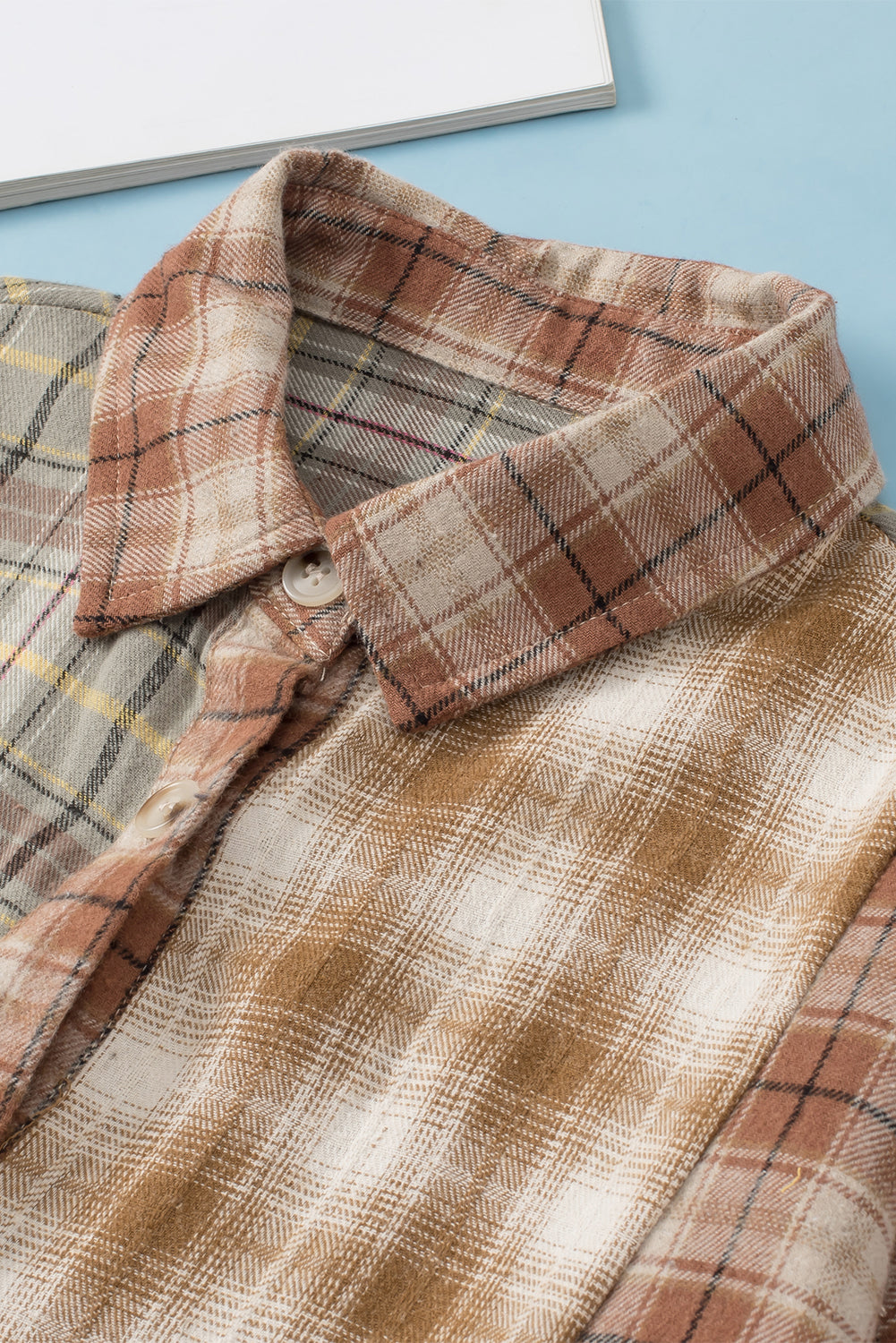 Brown Multi Plaid Patchwork Raw Edge Casual Shirt