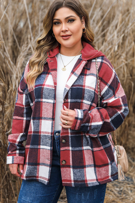 Boho Lane Australia Red Printed Plus Size Plaid Button up Hooded Jacket