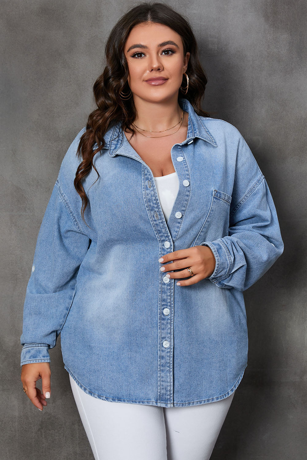 Boho Lane Australia Sky Blue Plus Size Chest Pocket Button-Up Denim Shacket