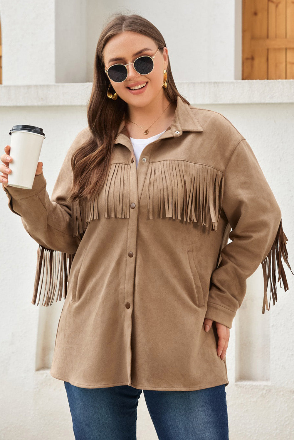 Boho Lane Australia Khaki Fringe Trim Plus Size Suede Shacket