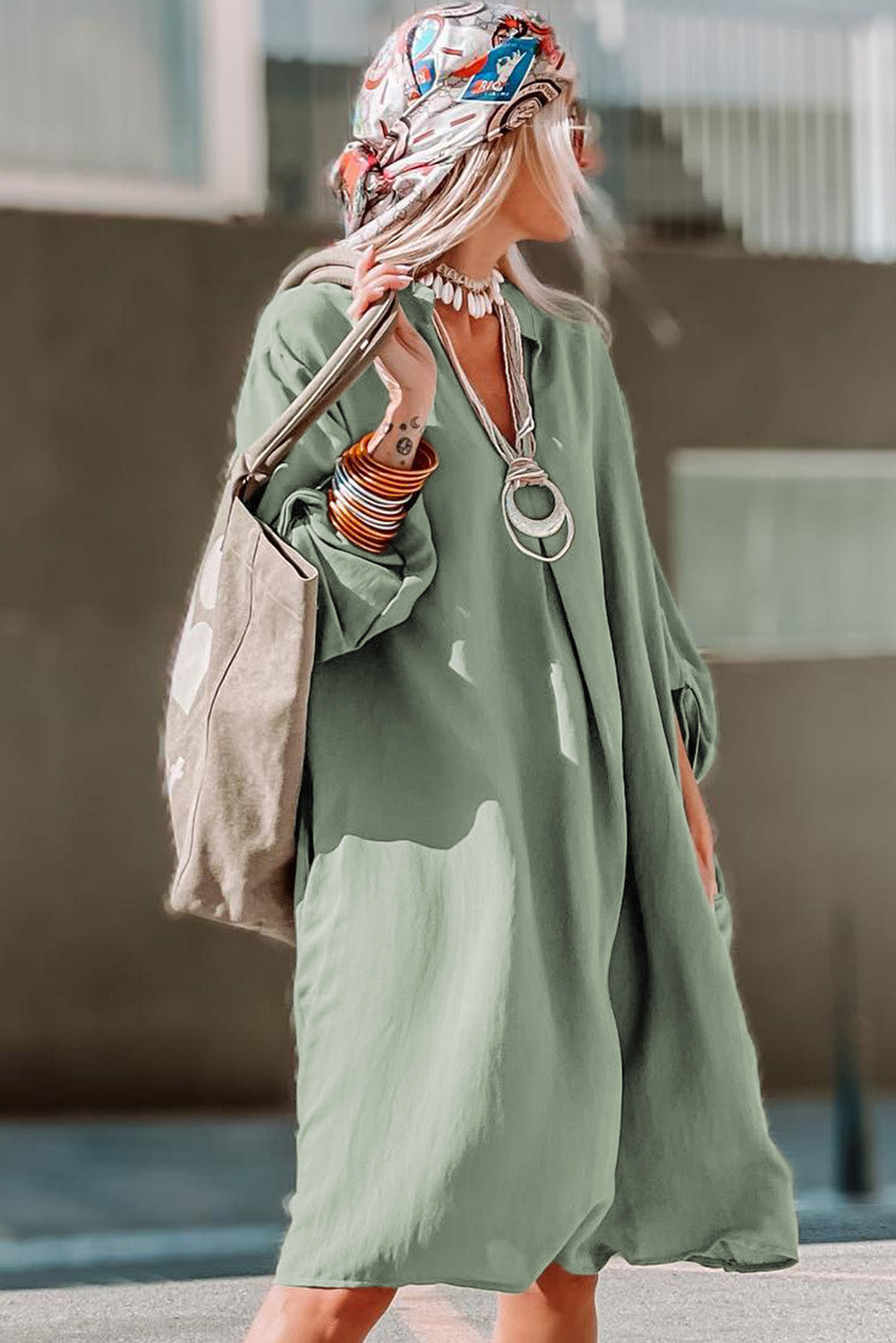 Green Roll-tab Sleeve Flowy Casual Dress