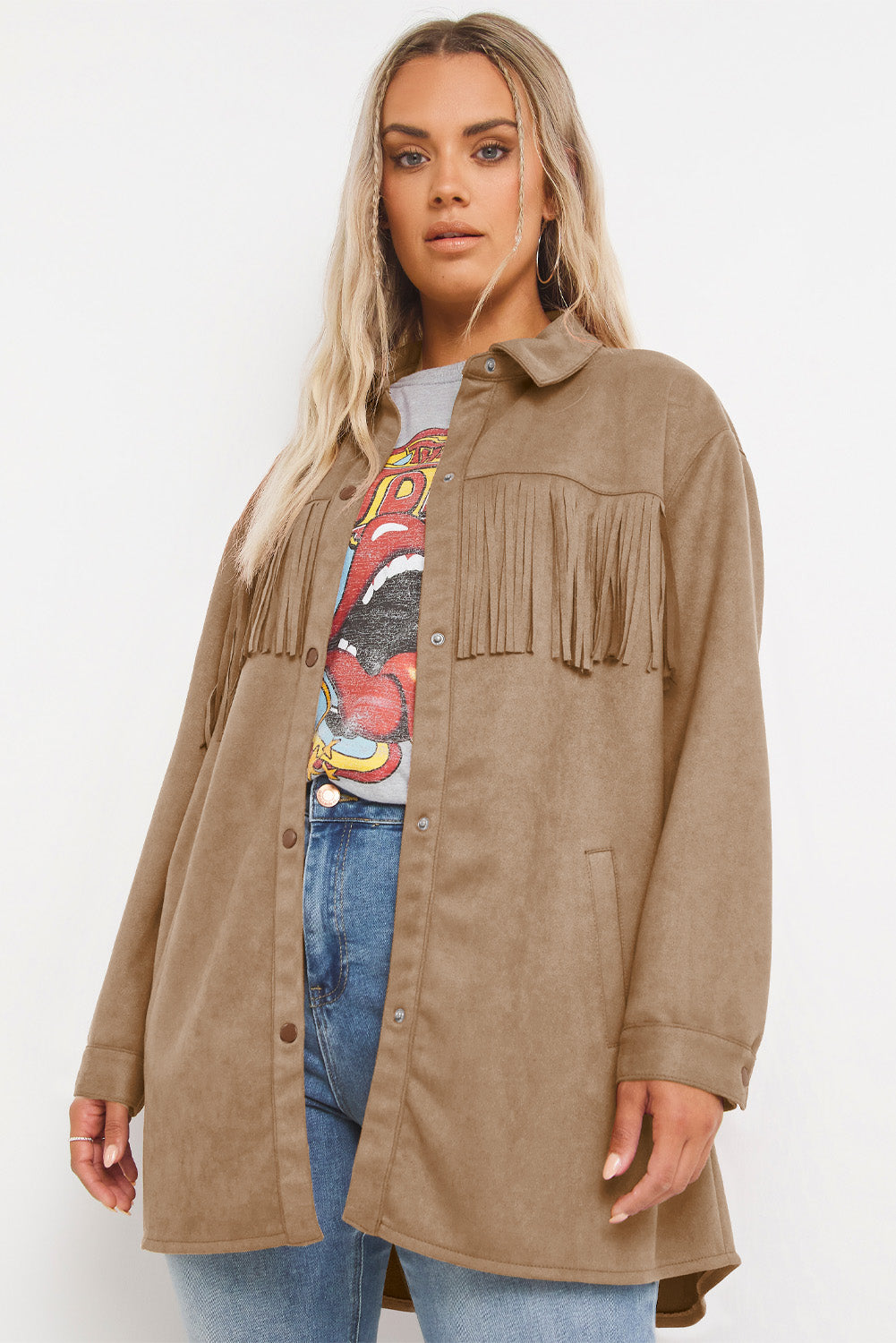 Boho Lane Australia Khaki Fringe Trim Plus Size Suede Shacket