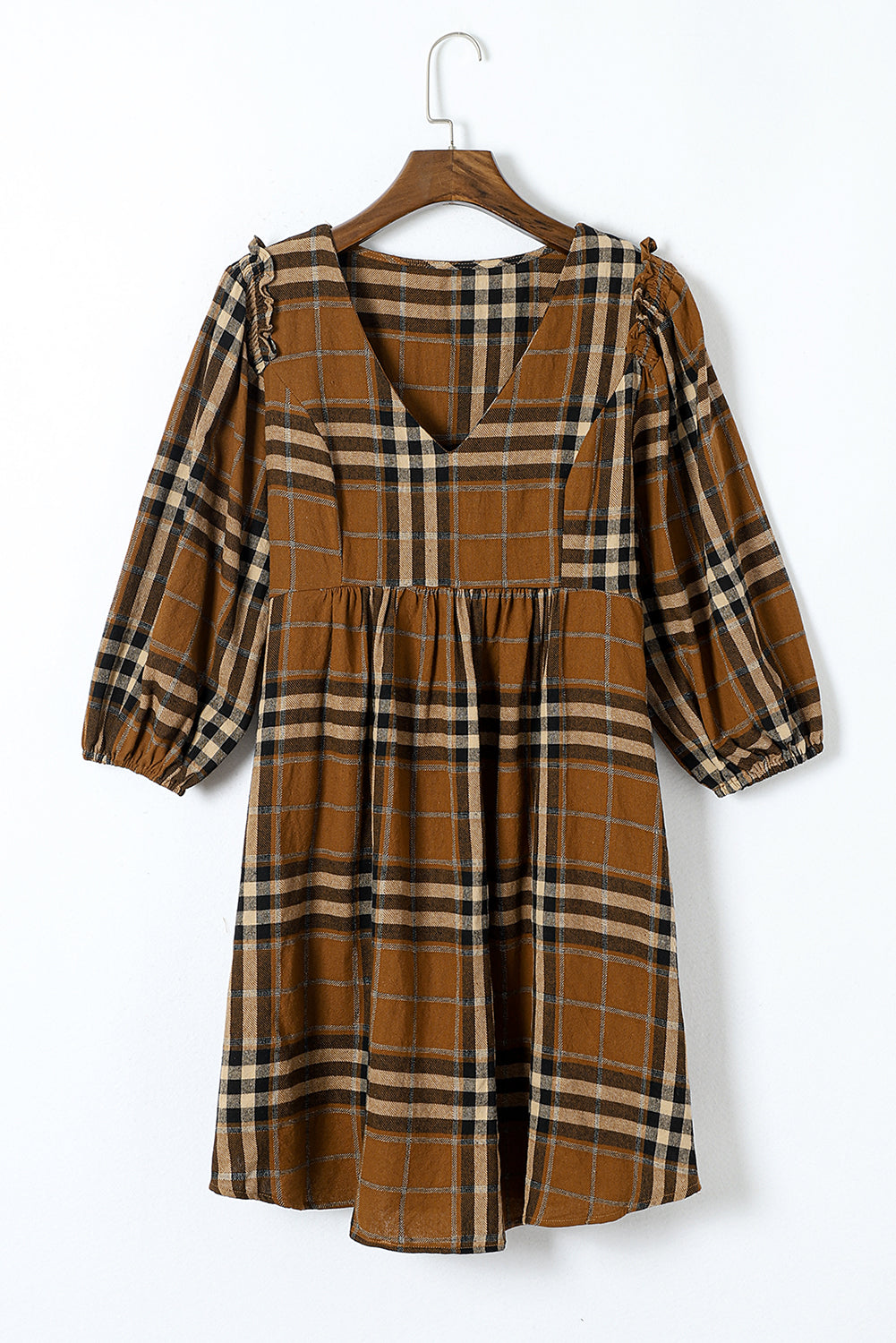 Brown Plaid Pattern Empire Waist Babydoll Dress