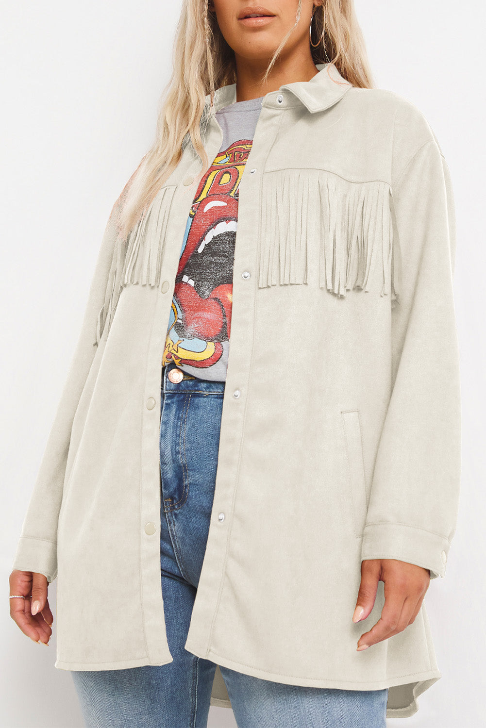 Boho Lane Australia White Fringe Trim Plus Size Suede Shacket