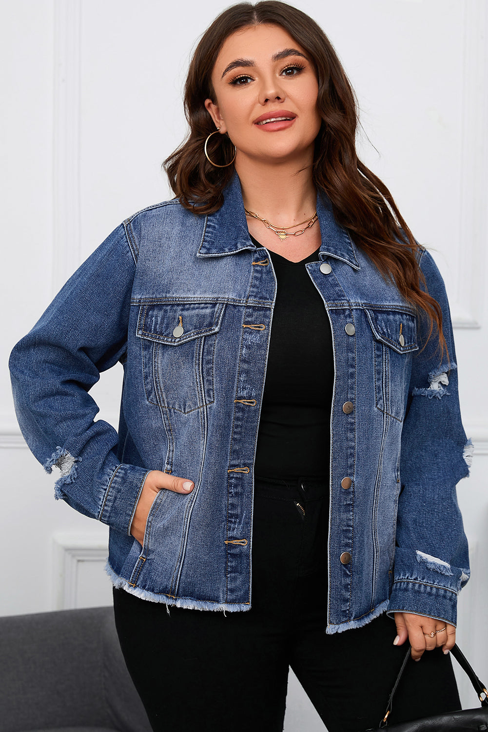 Boho Lane Australia Dark Blue Plus Size Distressed Flap Pocket Denim Jacket