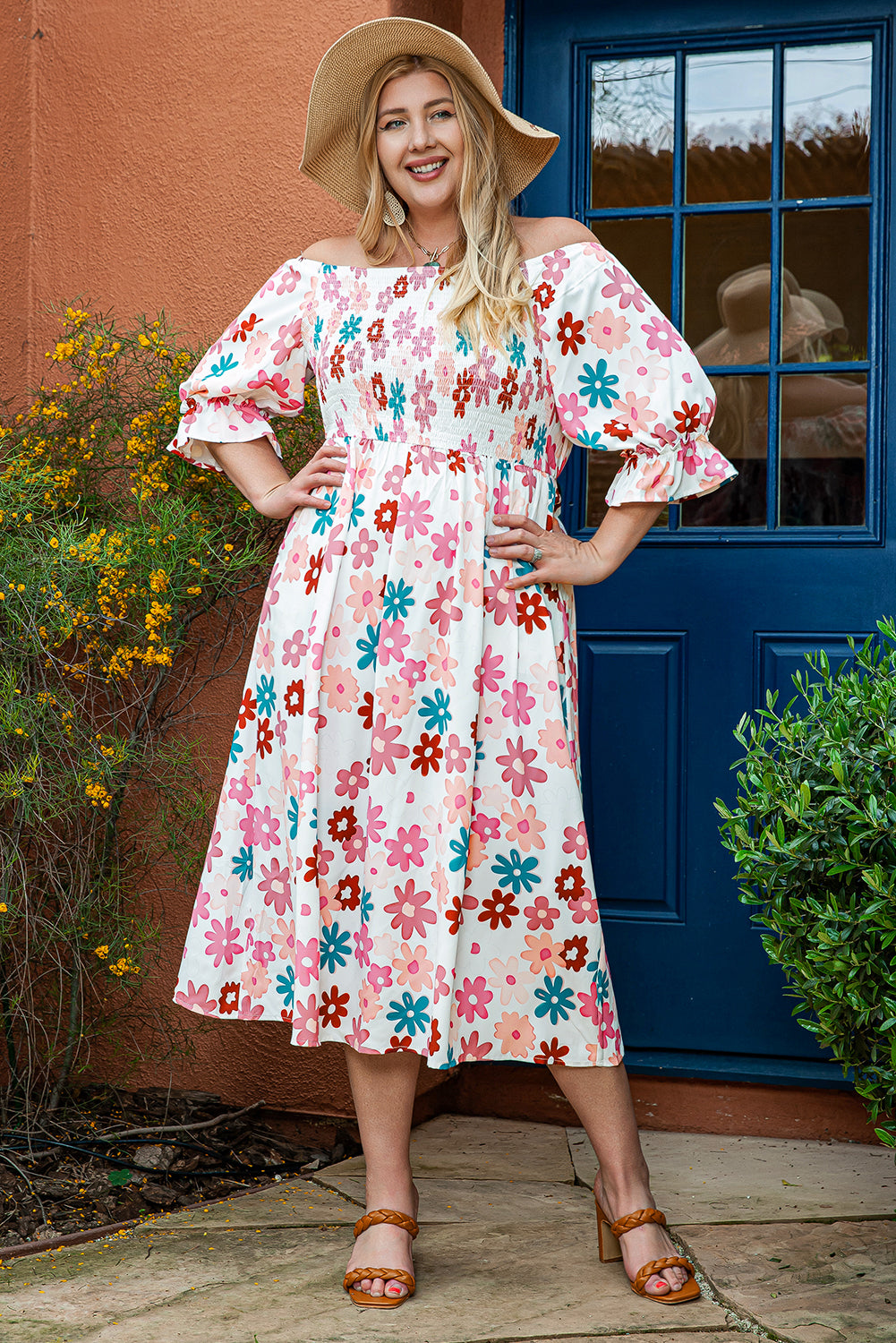 Boho Lane Australia White Plus Size Flower Print Smocked Off Shoulder Dress