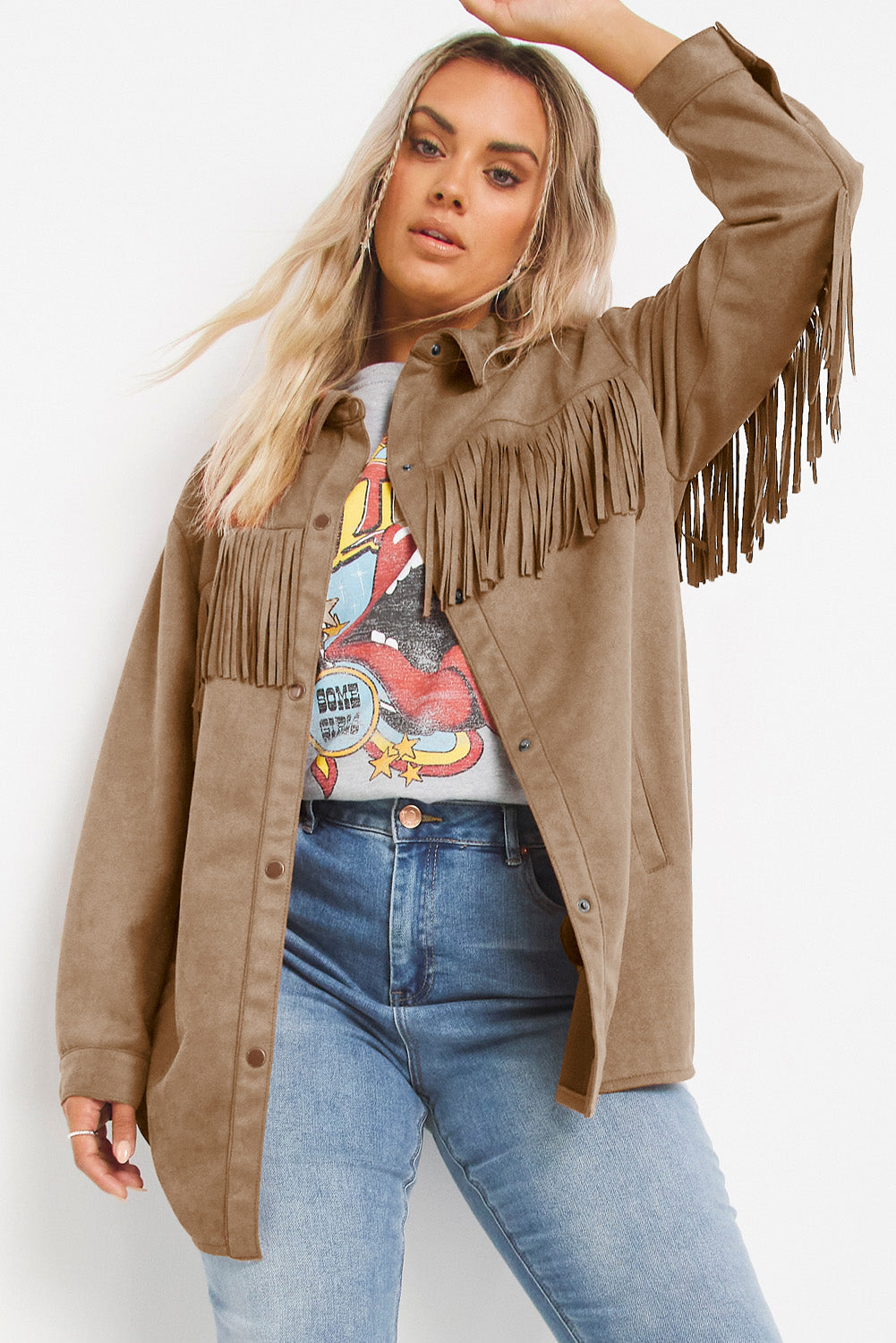 Boho Lane Australia Khaki Fringe Trim Plus Size Suede Shacket